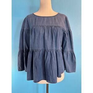 Madewell Chambray Smock Top Cotton Lyocell 3/4 Sleeve Tiered Ruffle XS